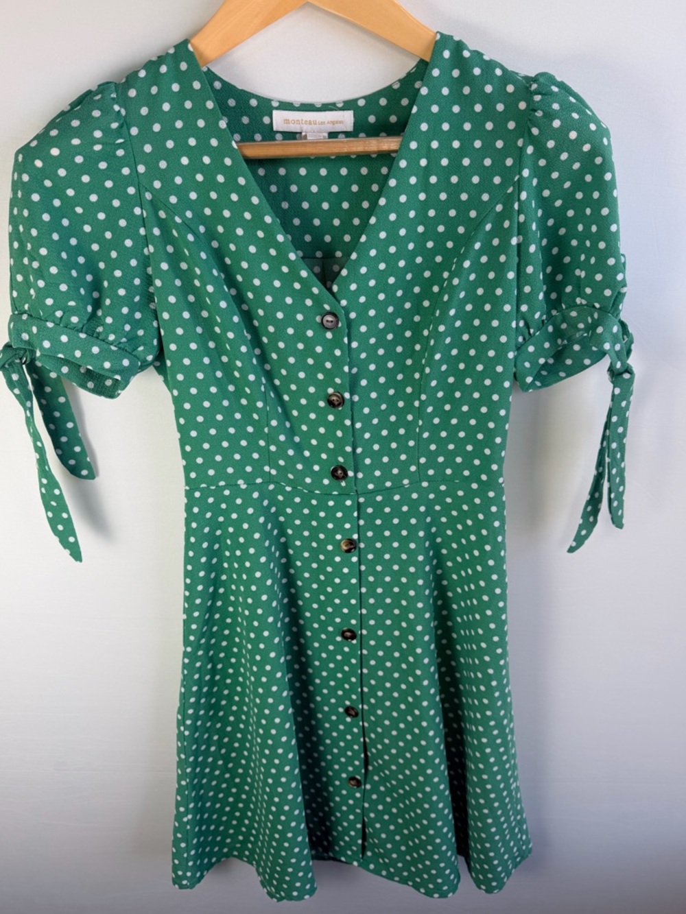 Monteau Green Polka Dot Dress Button Front Tie Sleeve Timeless Brunch Picnic Sm